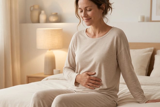 Une femme assise sur son lit, les mains posées sur le ventre, dans une chambre calme