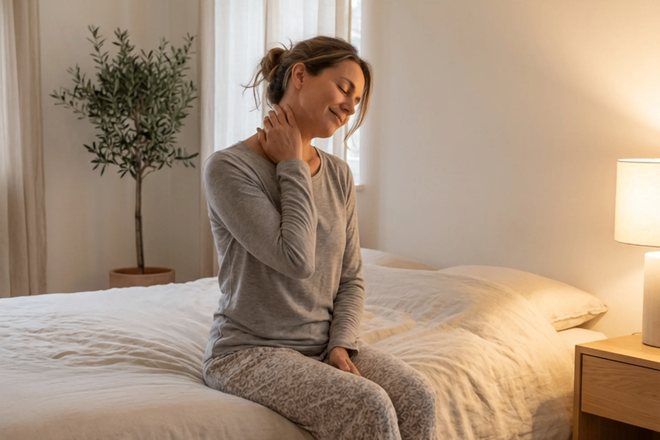 Une femme assise au bord de son lit, la main sur la nuque, dans une chambre douce et lumineuse