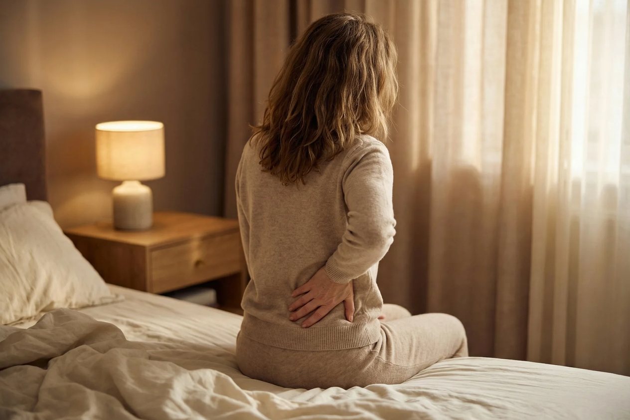 Une femme assise au bord de son lit, la main posée sur le bas du dos, dans une chambre claire