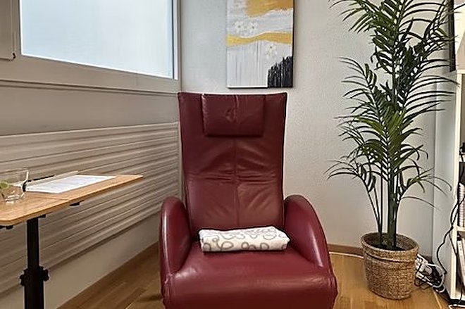 Un fauteuil inclinable en cuir bordeaux avec un plaid plié, dans un cabinet lumineux au sol en parquet, à côté d'une grande plante verte