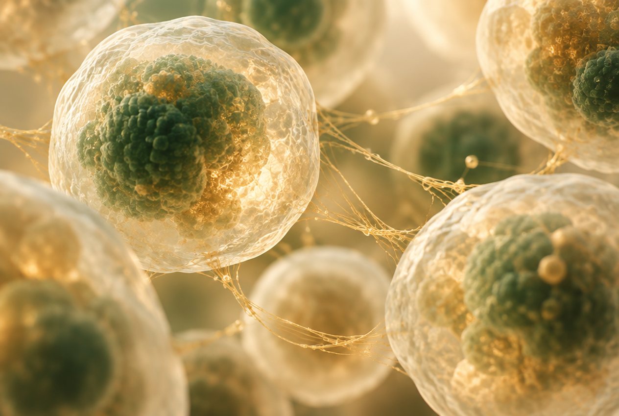 Vue rapprochée de cellules translucides reliées entre elles par de fins filaments dorés