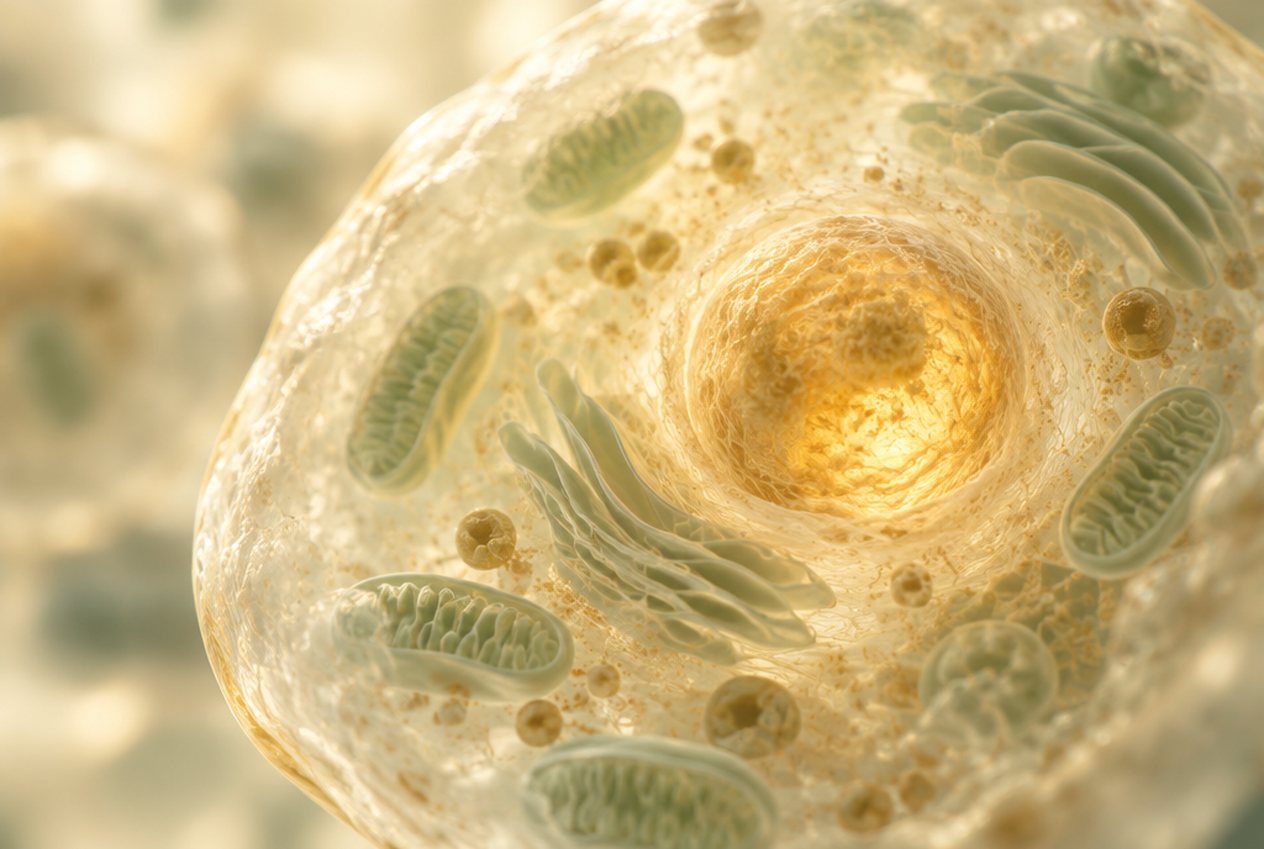 Gros plan d'une cellule translucide dont le noyau diffuse une lumière ambrée