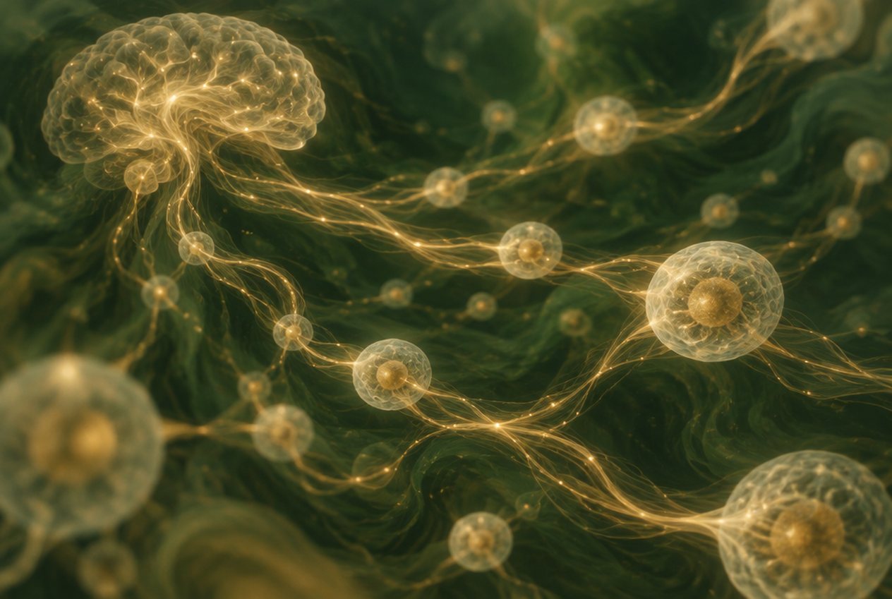 Réseau de filaments dorés reliant le cerveau à des cellules lumineuses, sur un fond vert profond