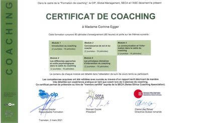 Certificat de coaching CIP de Corinne Egger, hypnothérapeute à Villars-sur-Glâne