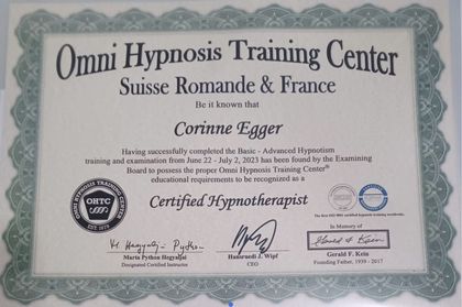 Certificat d'hypnothérapeute OMNI de Corinne Egger, délivré par OMNI Hypnosis Training Center