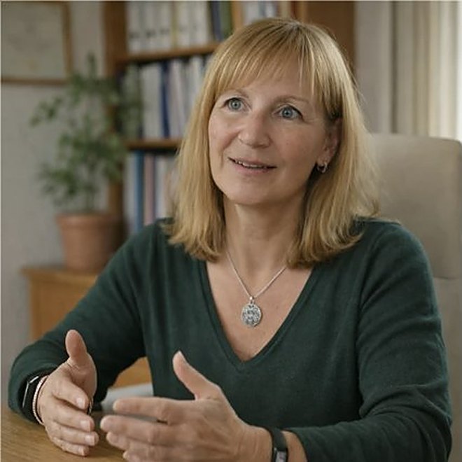 Corinne Egger, hypnothérapeute, en pleine conversation avec une personne accompagnée, les mains ouvertes