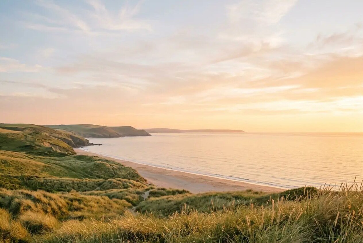 Une plage au lever du soleil, la mer calme et le ciel doré