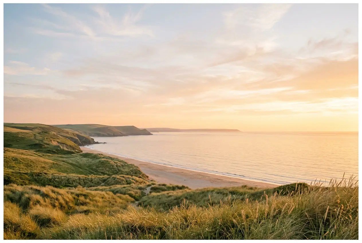 Une côte au bord de l'eau à la lumière du soir, les herbes des dunes au premier plan et un horizon largement ouvert sur une mer calme