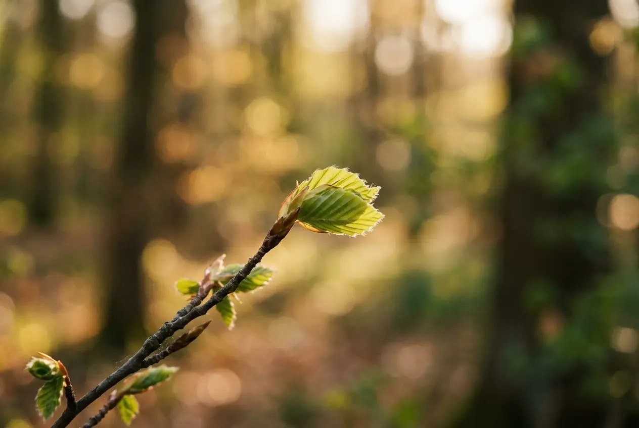 De jeunes feuilles qui viennent tout juste de s'ouvrir sur une branche nue, dans la lumière dorée d'un sous-bois au printemps